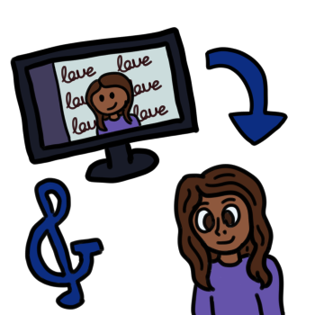 A black television is showing a celebrity in front of a wall that has a repeating logo on it (a cursive word reading 'love'). A blue arrow points to the same celebrity, but separate from the TV. The celebrity has dark brown skin, long and straight dark brown hair, dark brown eyes, and a long-sleeve purple shirt. A blue treblesand is visible next to them.